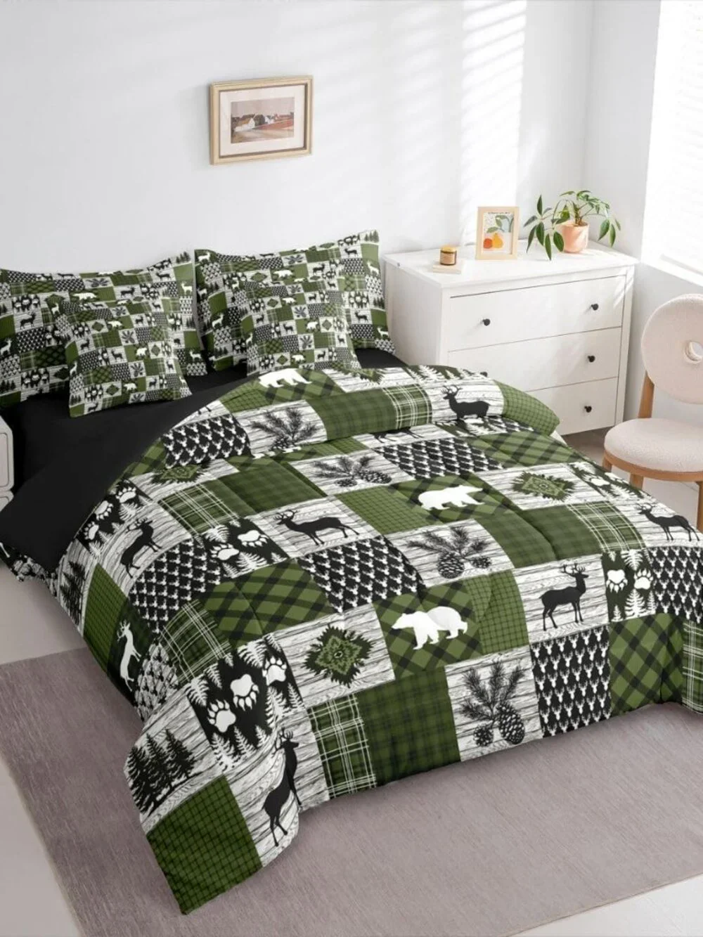 Lodge Plaid Comforter Set King Size 7 Pieces Bear Deer Bedding Set for Kids Boys